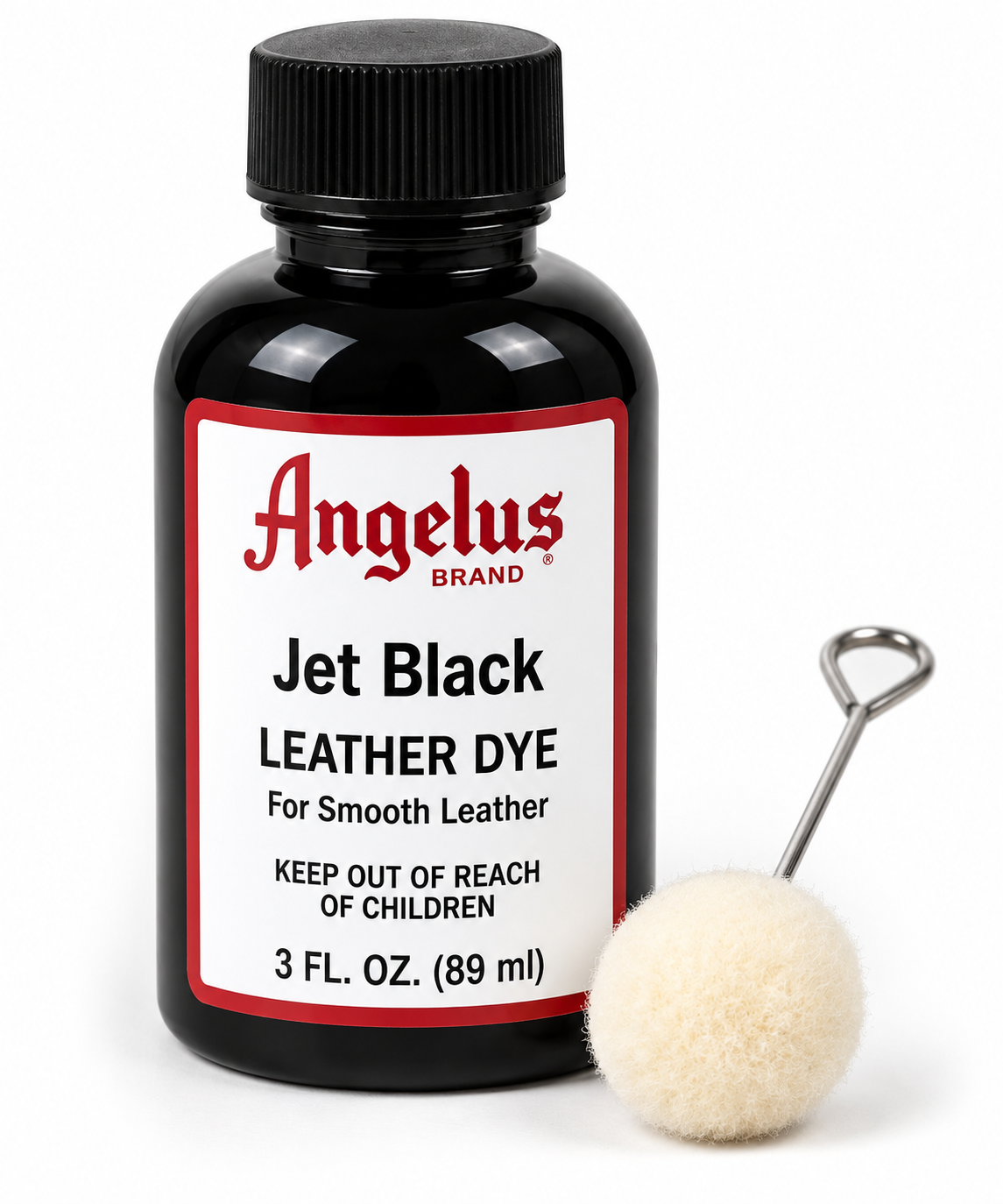 Angelus Jet Black Leather Dye 89ml bottle for smooth leather shoes and accessories