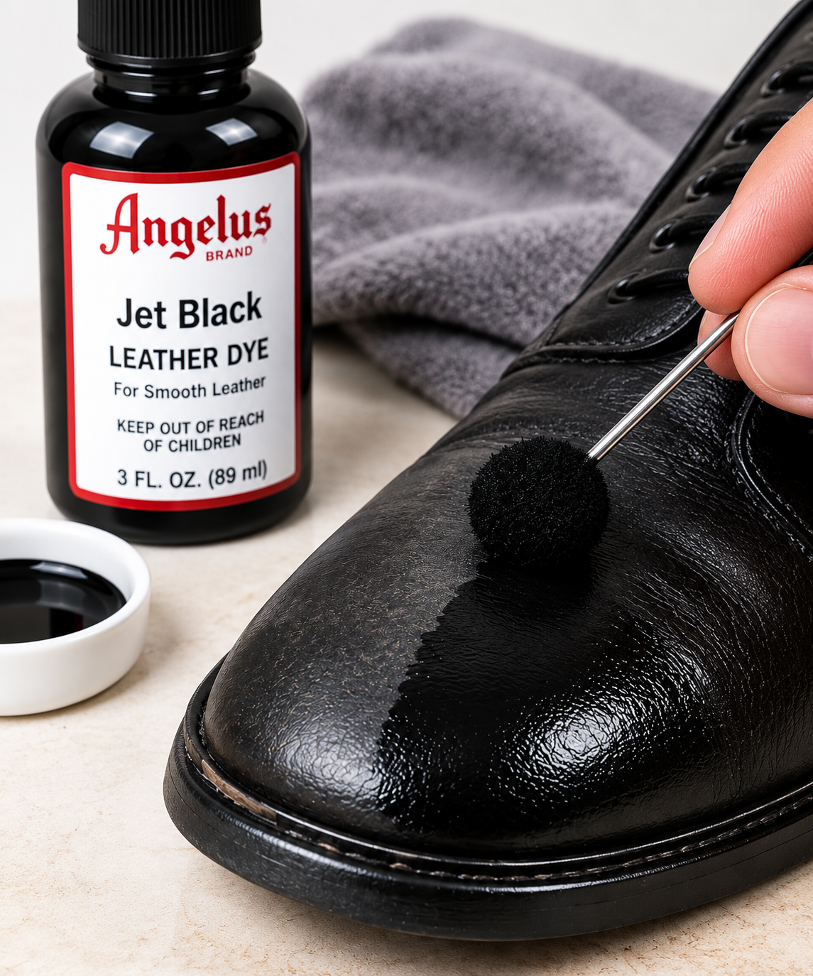 Applying Angelus Jet Black Leather Dye to smooth leather with a dauber
