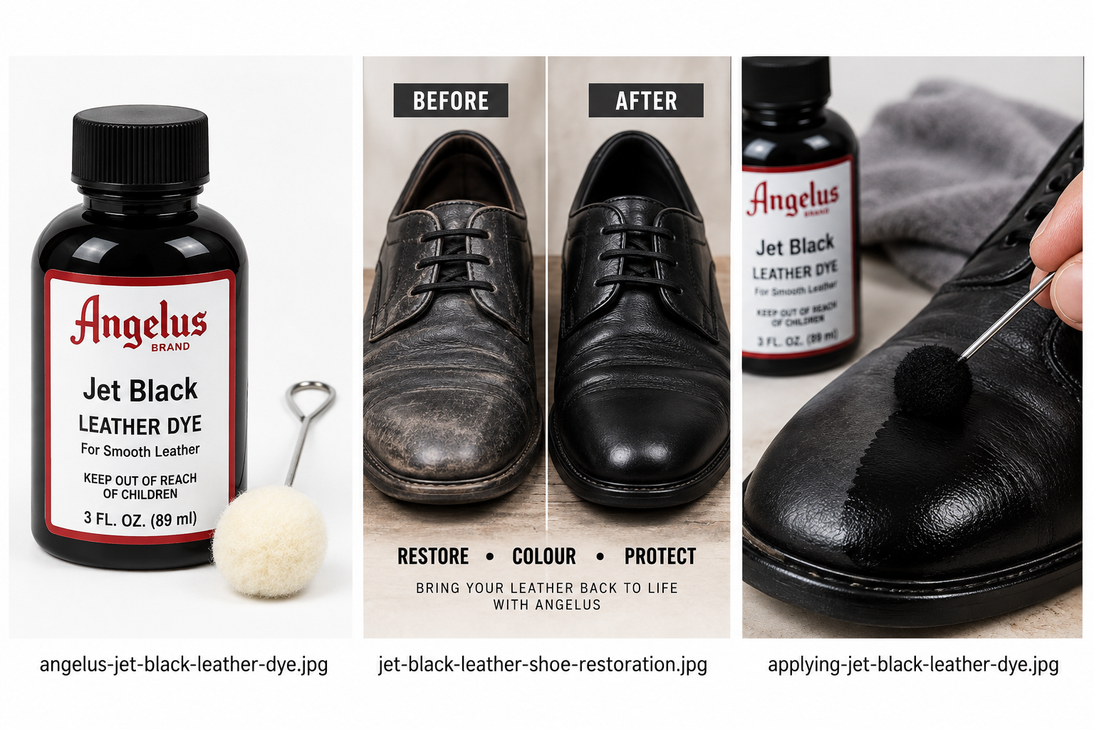 Before and after black leather shoe restoration using Angelus Jet Black Leather Dye